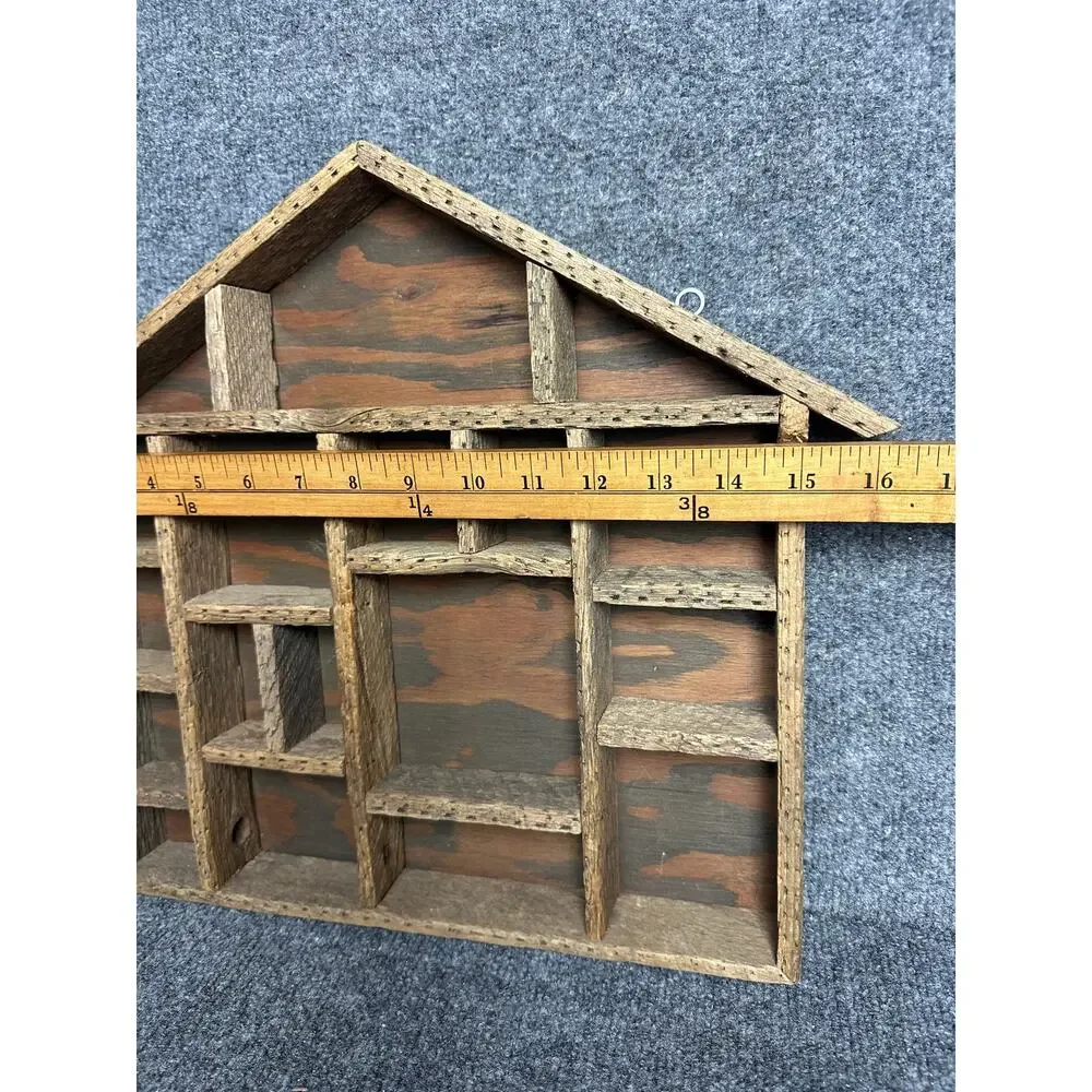 Vintage primitive wood trinket shelf house shape knick knacks display rustic 16”